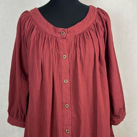 Lucky & Blessed Button Front Tunic Dress 3/4 Sleeve Sz L Burgundy Round Neck - Picture 2 of 11